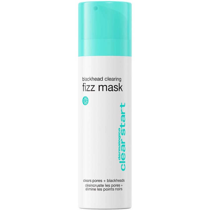 Dermalogica Clear Start Blackhead Clearing Fizz Mask 50ml mod hudorme i hvid cylinderflaske med turkis låg.