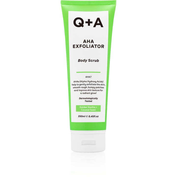 Q+A AHA Exfoliator Body Scrub 250ml eksfolierende kropsskrub der giver glød i grøn og hvid tube