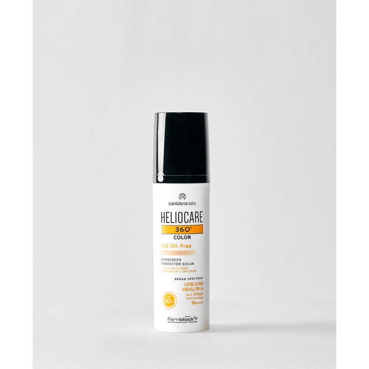 Heliocare 360 Color Gel Oil-Free Beige 50 ml solbeskyttelse giver mat finish i hvid flaske med sort låg
