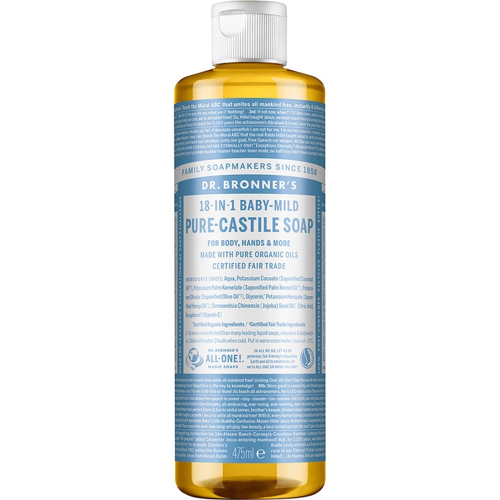 Dr. Bronner's Baby-Mild Pure-Castile Soap 475ml mild flydende sæbe i plastflaske med lyseblå etiket og hvidt vippelåg