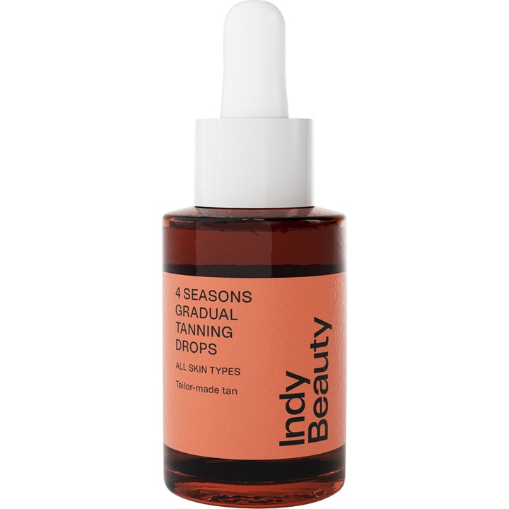 Indy Beauty 4 Seasons Gradual Tanning Drops 30 ml selvbrunerdråber i mørk glasflaske med orange etiket og hvid pipette