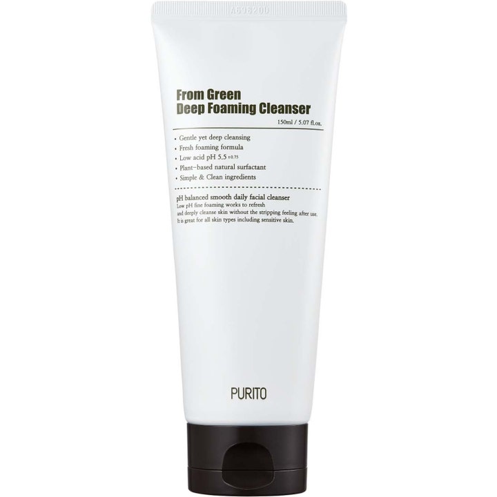 PURITO From Green Deep Foaming Cleanser 150ml pH-balanceret ansigtsrens til sensitiv hud i hvid tube med sort låg