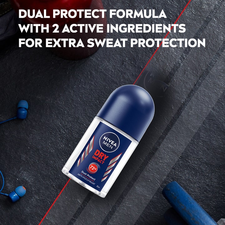 NIVEA Dry Impact Roll On Mini 25 ml herrdeodorant med Dual Protect formula i glasflaske med blåt låg på mørk baggrund.