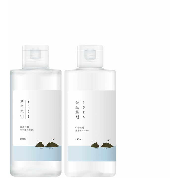 Round Lab 1025 Dokdo Toner og Lotion 200 ml skaber hydreret hud i klare og hvide plastflasker
