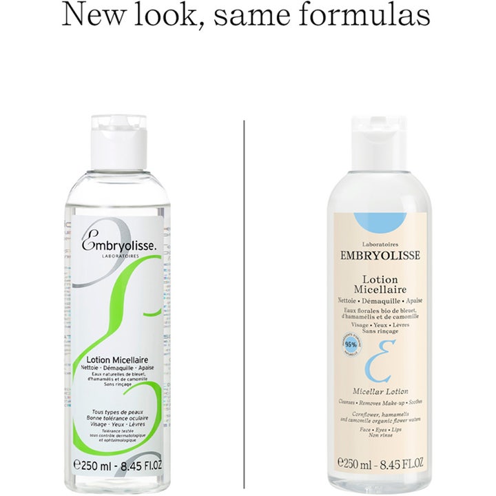 Embryolisse Micellar Lotion 250 ml beroligende micellarvand i gennemsigtig flaske med nyt og gammelt design.
