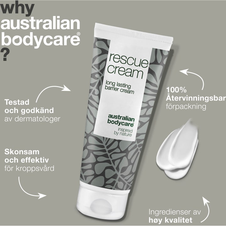 Australian Bodycare Rescue Cream 100 ml barrierecreme mod rødme vist som tube med hvid cremetekstur og infografik.