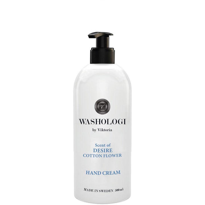 Washologi Hand Cream Desire Cotton Flower 500 ml blødgørende håndcreme i hvid pumpeflaske med sort pumpe