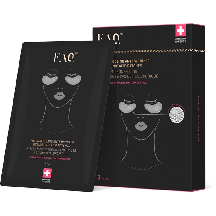 FAQ Microneedling Anti-Wrinkle Hyaluronic Acid Patches 3 par mod rynker i sort æske med hvid ansigtsillustration