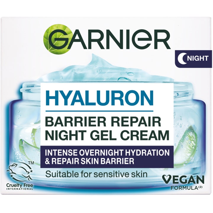 Garnier SkinActive Hyaluronic Aloe Jelly Night 50 ml fugtgivende natcreme i hvid papæske med blå geltekstur