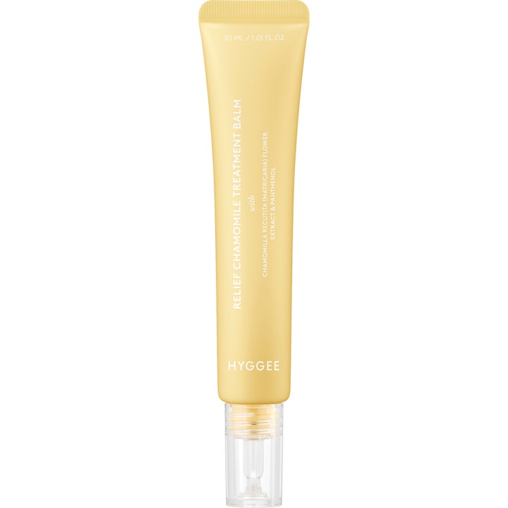 HYGGEE Relief Chamomile Treatment Balm 30 ml beroligende behandling i en lysegul tube med gennemsigtig hætte