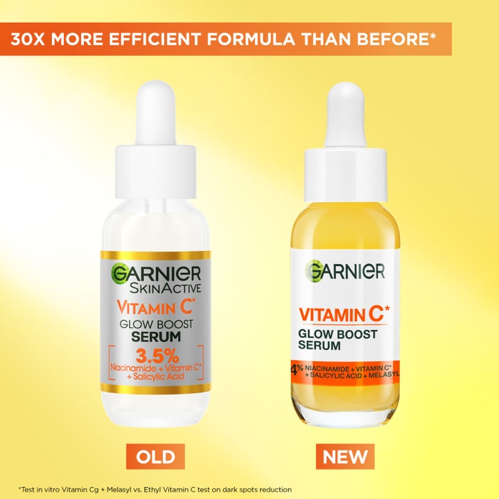 Garnier SkinActive Vitamin C Glow Boost Serum 30 ml giver glød gennem påføringstrin for strålende hud.