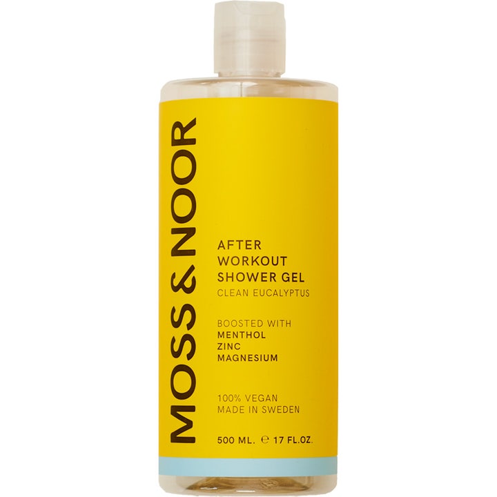 Moss & Noor After Workout Shower Gel 500 ml forfriskende kropsvask med mentol i klar flaske med gul etiket