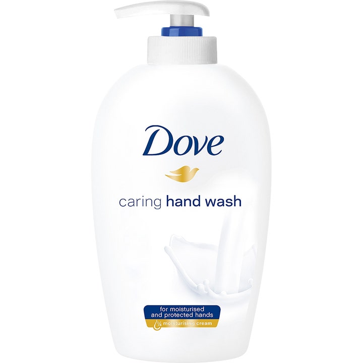 Dove Caring Hand Wash håndsæbe med fugtighedscreme for fugtede og beskyttede hænder i hvid pumpeflaske.