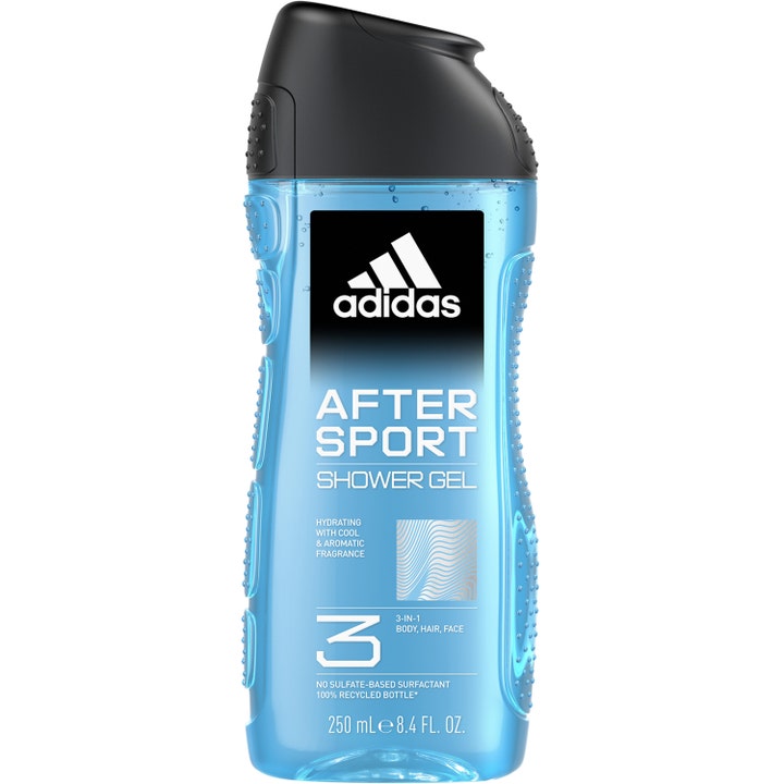 Adidas After Sport Shower Gel 250 ml forfriskende 3-i-1 vask i blå gennemsigtig flaske med sort låg og nubret side.