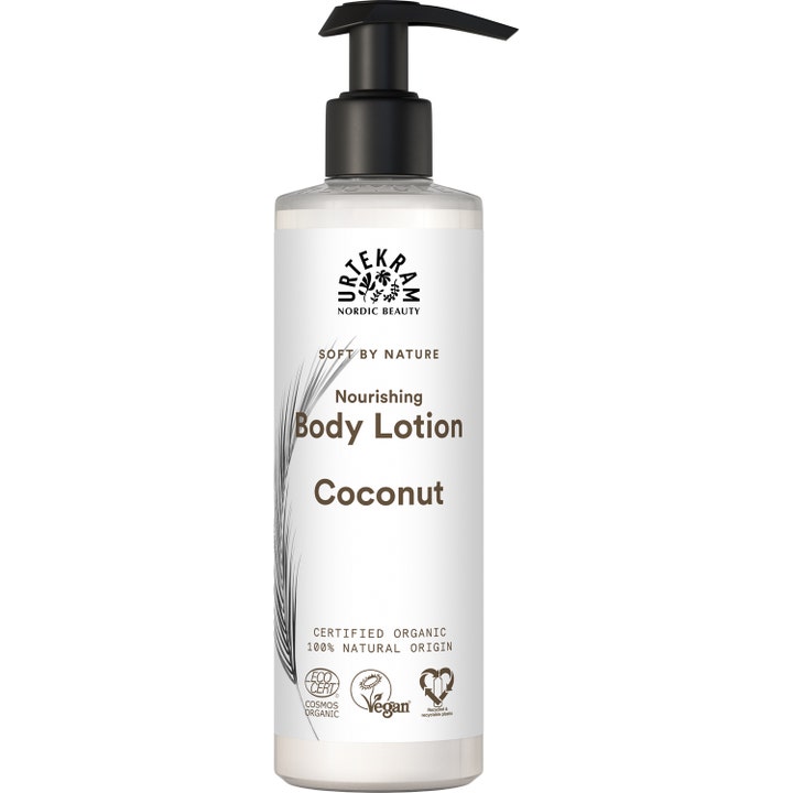 Urtekram Nourishing Body Lotion Coconut nærende bodylotion i hvid flaske med sort pumpe og fjer-illustration.