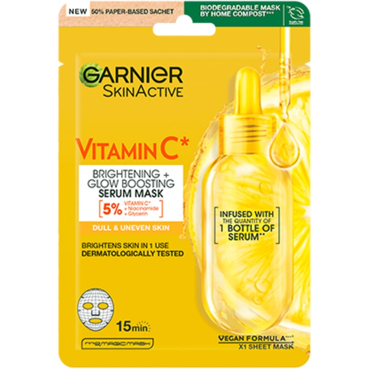 Garnier SkinActive Vitamin C Serum Mask 1 stk glødgivende sheet mask i gul papirpose med illustration af citron