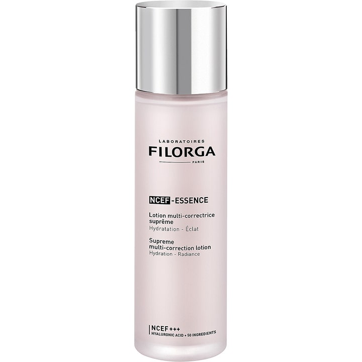 Filorga NCEF-Essence 150 ml fugtgivende ansigtslotion i lyserød frostet flaske med sølvlåg tilfører glød