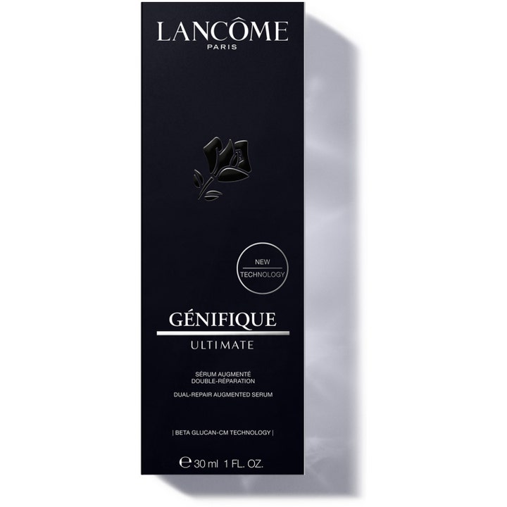 Lancôme Génifique Ultimate Serum 30 ml reparerende ansigtsserum i sort æske med sølvtekst og New Technology.