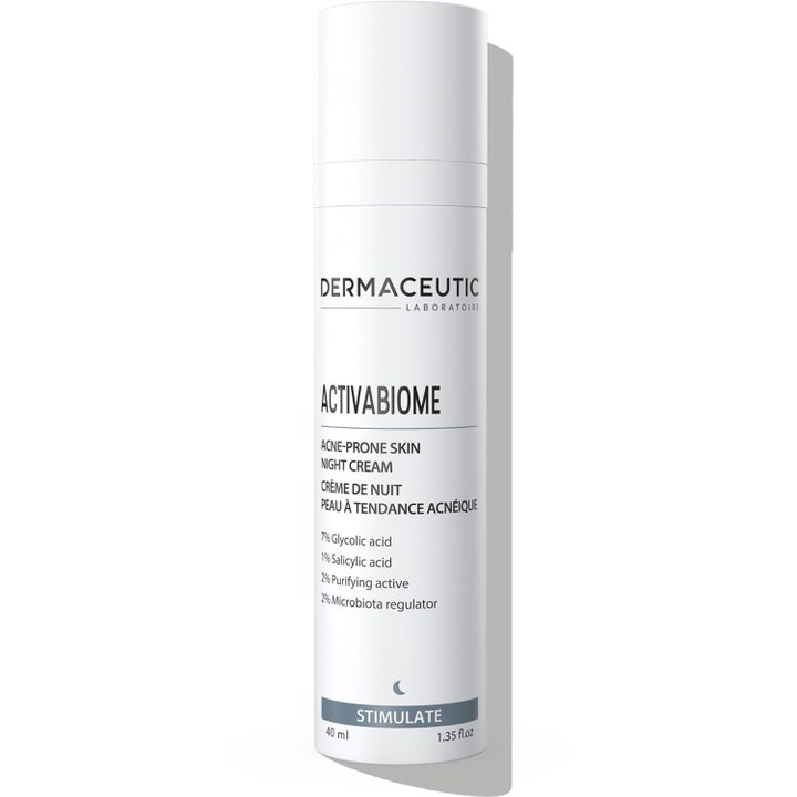 Dermaceutic Activabiome 40 ml eksfolierende natcreme mod urenheder i en hvid cylinderformet pumpeflaske