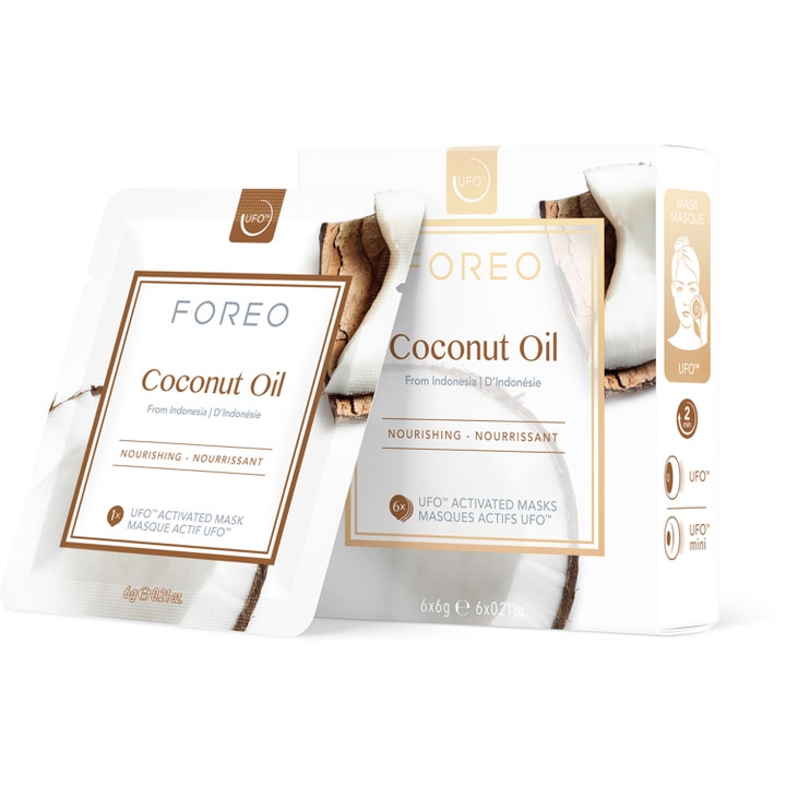FOREO Coconut Oil 6x6g nærende ansigtsmaske i hvid æske og sachet med kokosnødder der giver intens fugt til huden