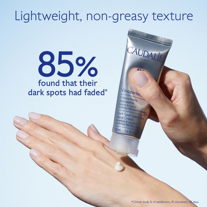 Caudalie Vinoperfect Hand Cream 50 ml mod pigmentpletter med let tekstur. 85 % oplevede at mørke pletter falmede.