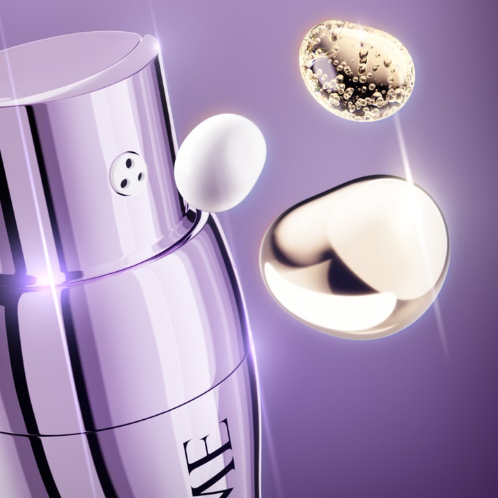 Lancôme Rénergie C.R.x Triple Serum 50 ml med retinol og svævende dråber af serummets teksturer