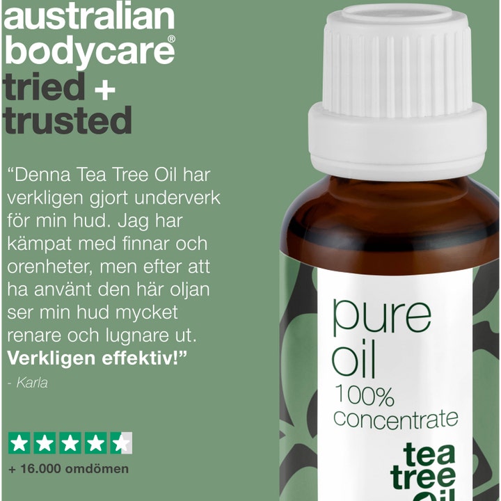 Australian Bodycare Pure Oil 100% Tea Tree Oil 30 ml giver renere hud i brun glasflaske med kundeanmeldelse
