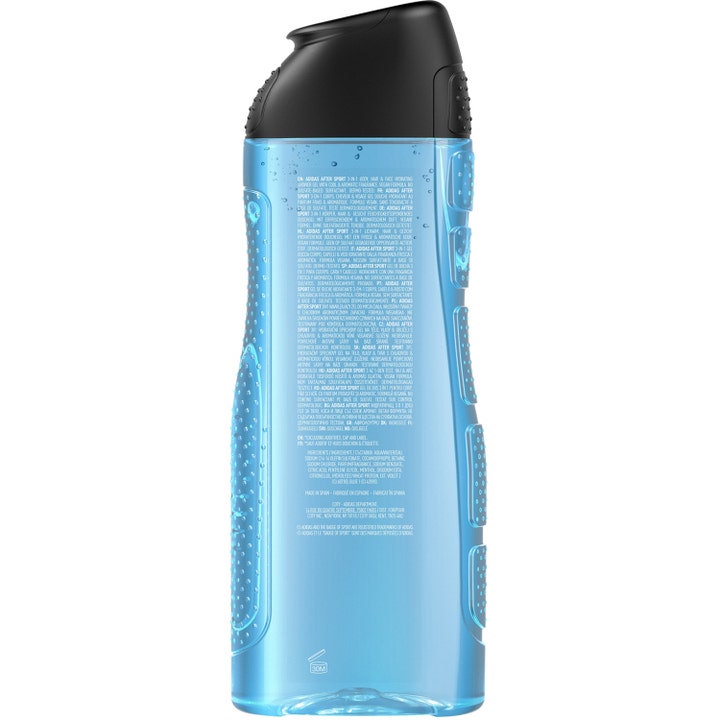 Adidas After Sport 400 ml showergel i blå gennemsigtig flaske med sort låg og bagsideetiket.
