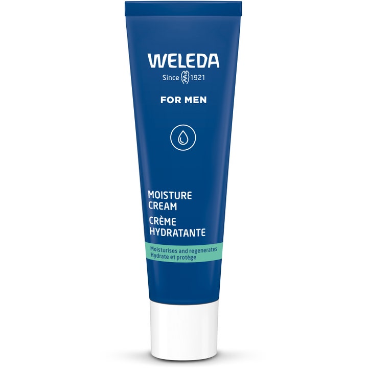 Weleda For Men Moisture Cream fugtgivende ansigtscreme i mørkeblå tube med hvidt låg der genopbygger og beskytter huden.