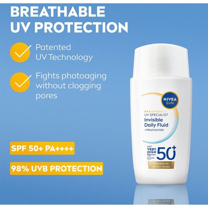 NIVEA UV Face Invisible Daily Fluid 40 ml solcreme modvirker fotoaldring i hvid flaske med SPF 50 og niacinamid