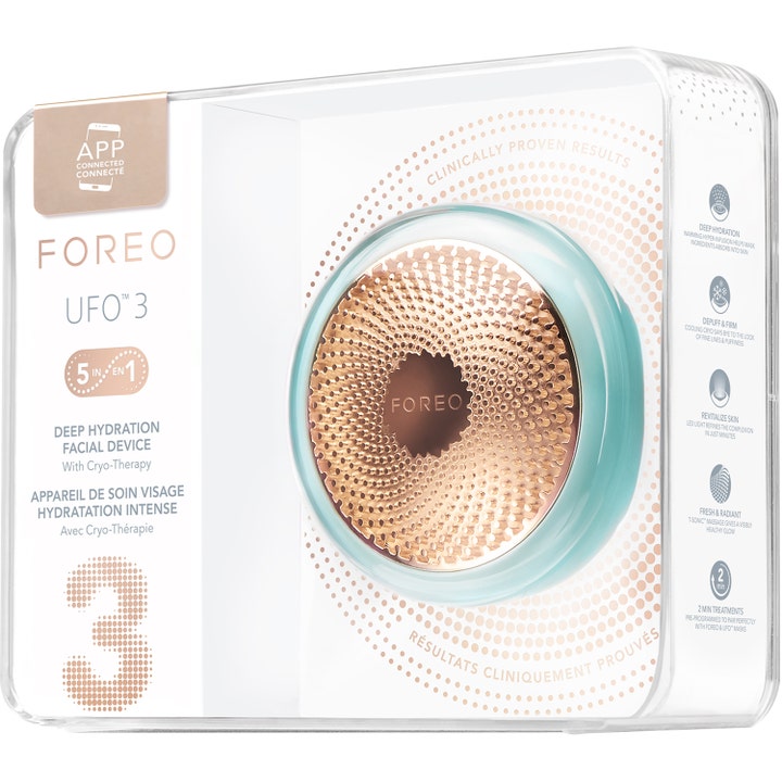 FOREO UFO 3 Mint 1 stk fugtgivende beauty tech i gennemsigtig emballage med rosaguld og mintgrønne detaljer
