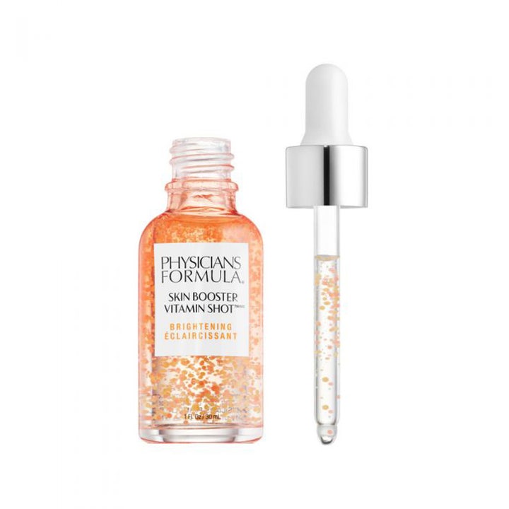 Physicians Formula Skin Booster Vitamin Shot 30 ml brightening serum i glasflaske med pipette og små orange perler.