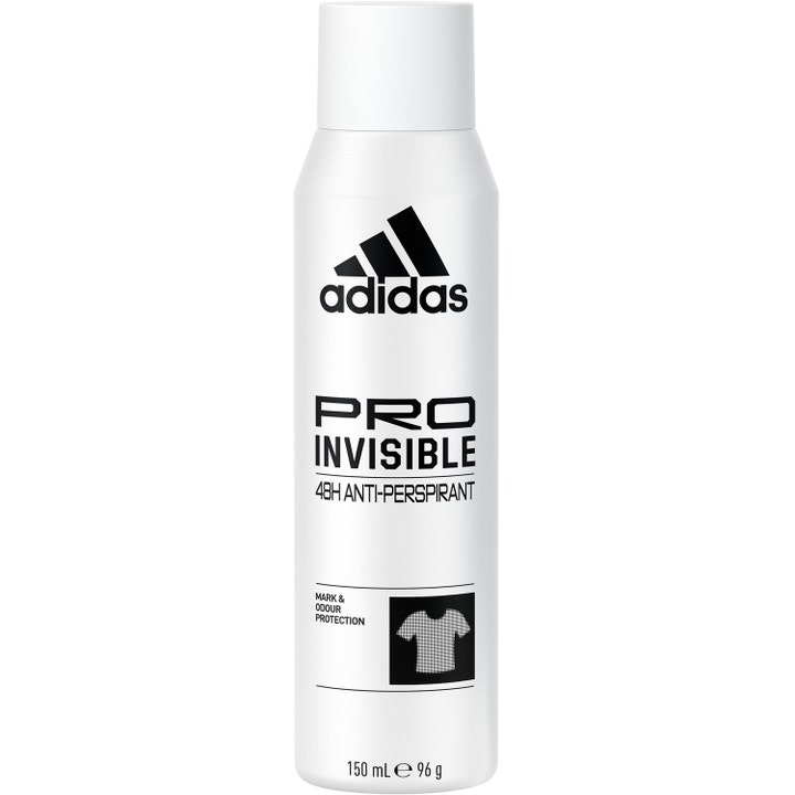 Adidas Pro Invisible 150 ml anti-perspirant spray modvirker hvide mærker i en hvid metalflaske med hvidt låg