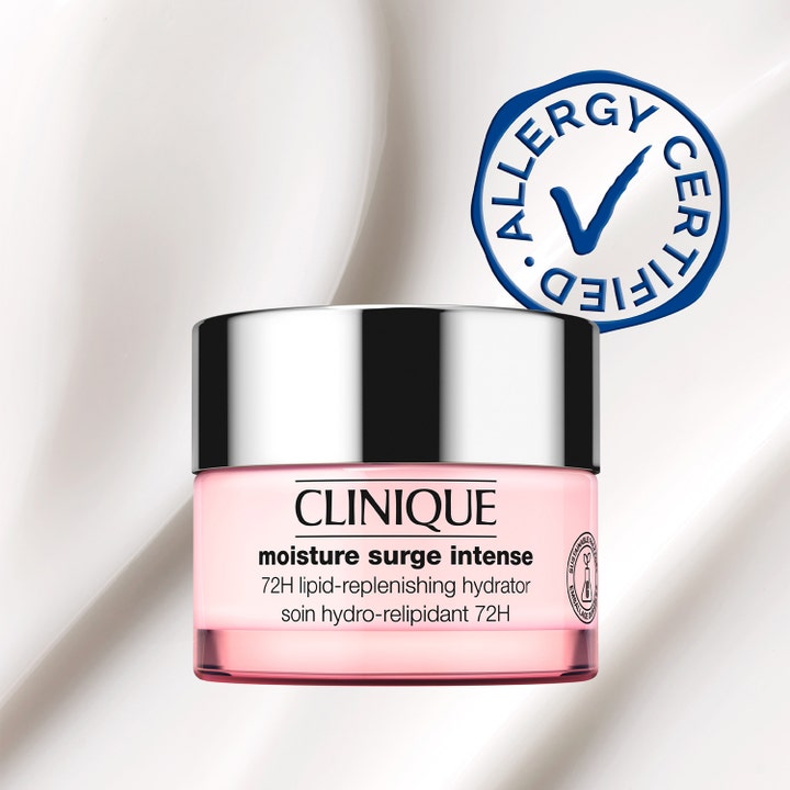 Clinique Moisture Surge Intense 50 ml fugtgivende ansigtscreme i lyserød krukke med sølvlåg og Allergy Certified-logo