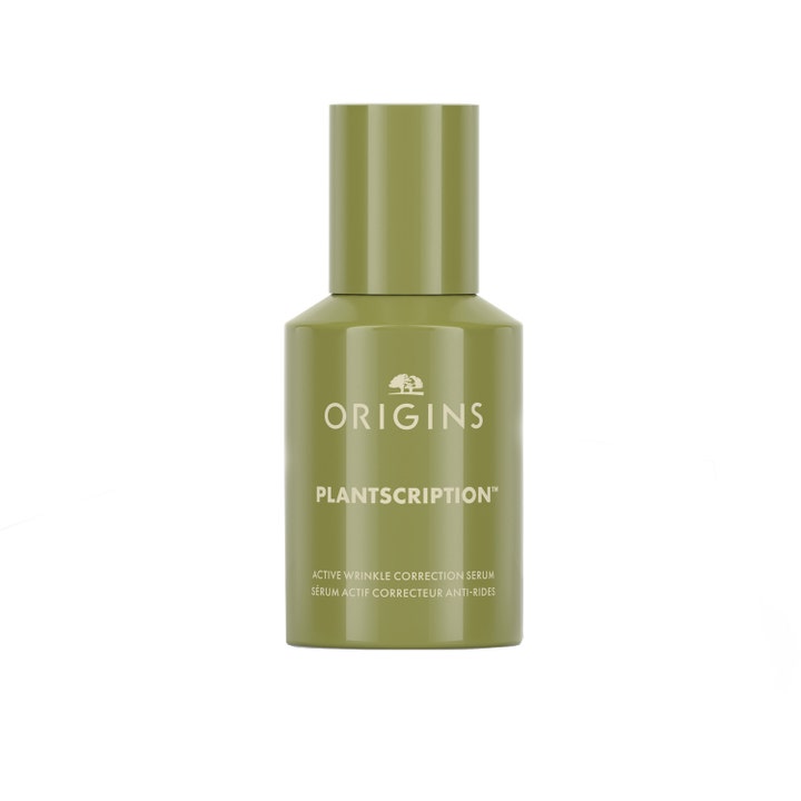Origins Plantscription Active Wrinkle Correction Serum mod rynker i en blank olivengrøn flaske.