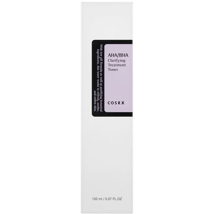 COSRX AHA/BHA Clarifying Treatment Toner 150 ml eksfolierende toner i hvid papæske med lilla label