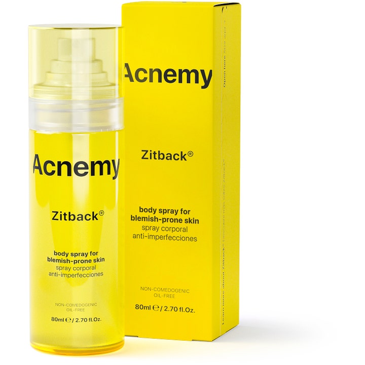 Niche Beauty Lab Acnemy Zitback 80 ml kropsspray mod urenheder i gul gennemsigtig flaske og æske.
