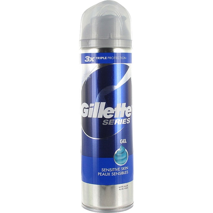Gillette Series Sensitive Skin Gel 200 ml barbergel til følsom hud i blå og sølv metaldåse med aloe vera