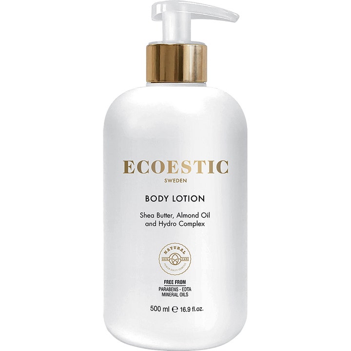 Ecoestic Body Lotion 500 ml nærende kropspleje med sheasmør i en hvid flaske med elegant guldpumpe