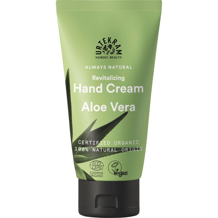 Urtekram Aloe Vera Hand Cream revitaliserende økologisk håndcreme i lysegrøn tube med aloe vera-blad og sort låg.