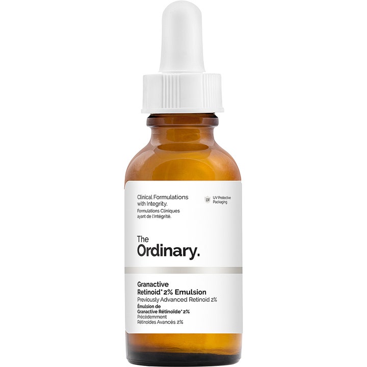 The Ordinary Granactive Retinoid 2% Emulsion 30 ml modvirker rynker i en brun glasflaske med hvid pipette og hvid etiket