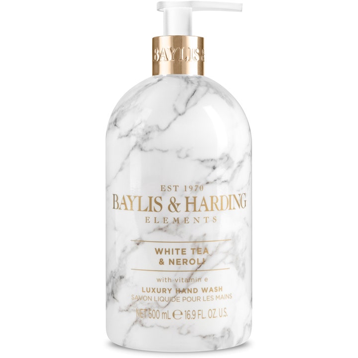 Baylis & Harding White Tea & Neroli 500 ml håndsæbe i hvid marmoreret flaske med gulddetaljer