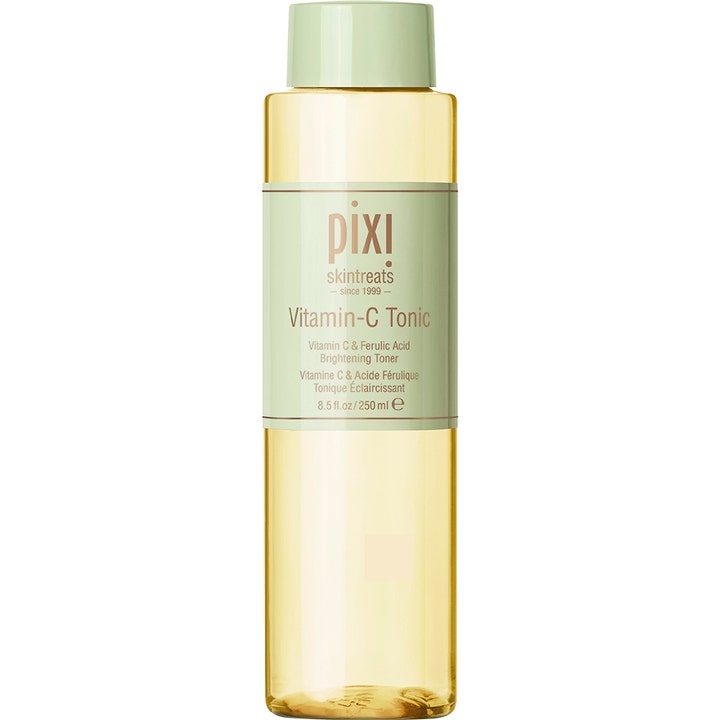 Pixi Vitamin-C Tonic 250 ml glødgivende ansigtstoner i klar plastflaske med lysegrønt låg og mærkat.