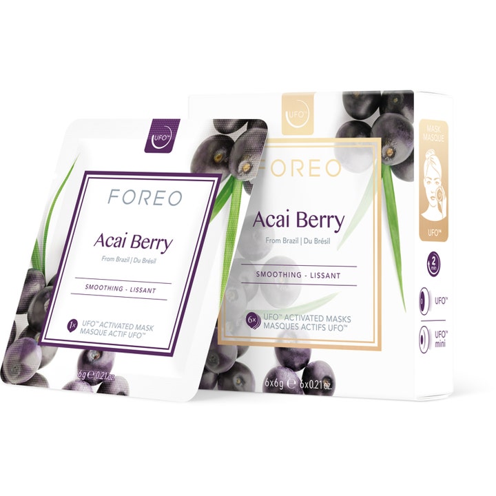 Foreo Acai Berry 6x6g udglattende ansigtsmaske i hvid emballage dekoreret med lilla bær og grønne blade
