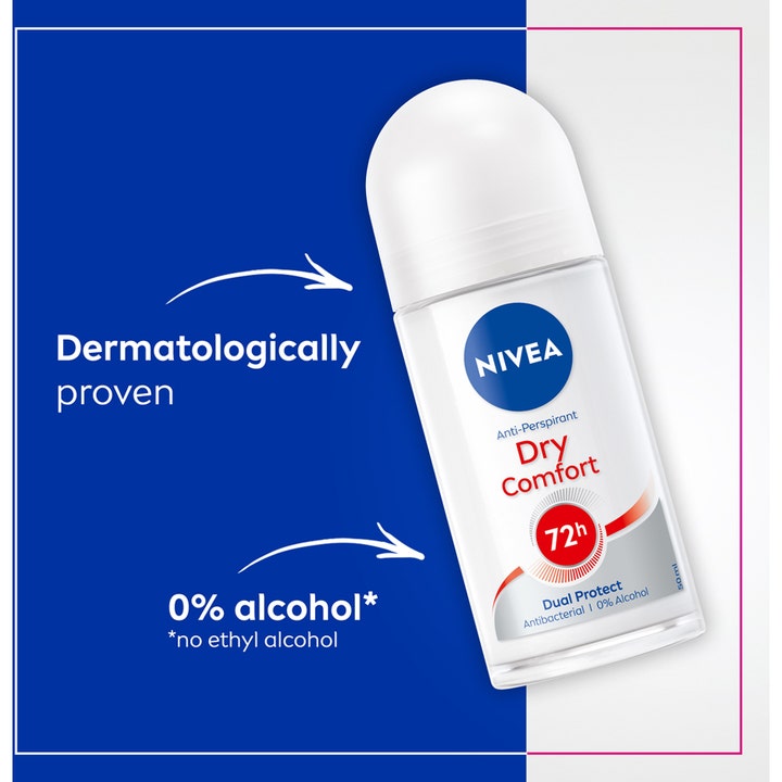 NIVEA Deo Roll-on Dry Comfort 50 ml antiperspirant med 72 timers beskyttelse og 0% alkohol i glasflaske