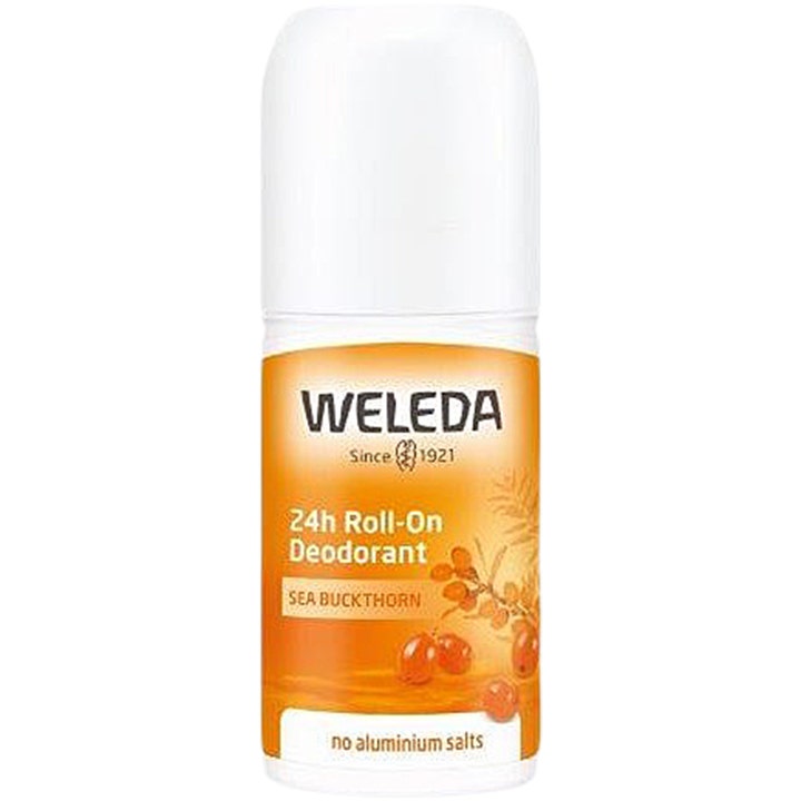 Weleda 24h Roll-On Deodorant Sea Buckthorn 50 ml mod lugt i hvid plastflaske med orange etiket og havtornbær