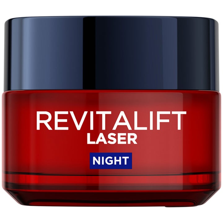 L'Oréal Paris Revitalift Laser Night 50 ml opstrammende natcreme i rød glaskrukke med mørkt låg og hvid tekst