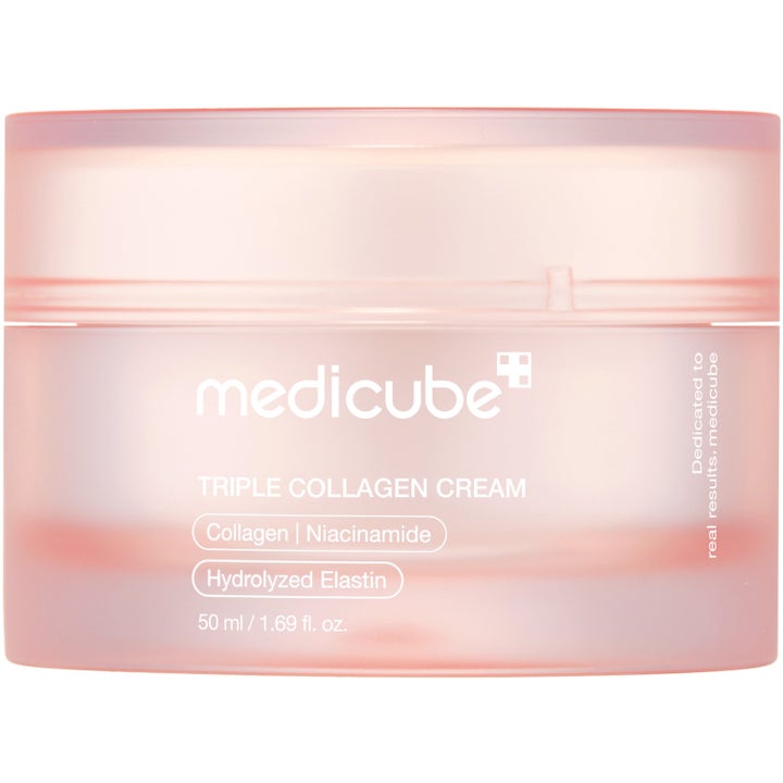 Medicube Triple Collagen Cream 50 ml opstrammende ansigtscreme i en lyserød krukke af frostet glas