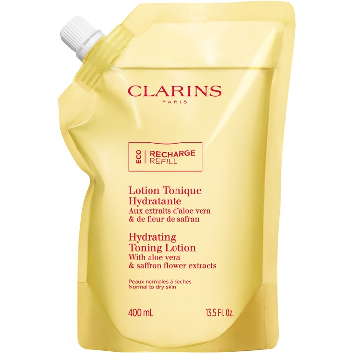 Clarins Hydrating Toning Lotion 400 ml fugtgivende skintonic i gul refill-pose med hvidt skruelåg.