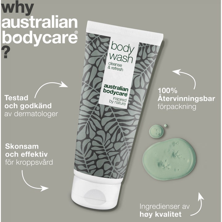 Australian Bodycare Body Wash 200 ml opfriskende kropssæbe i tube med bladmotiv og lysegrøn geltekstur